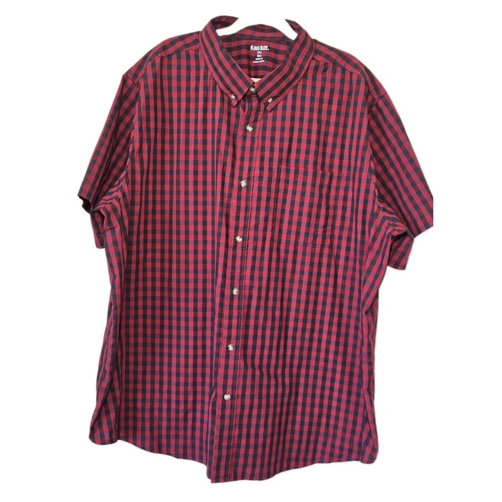KING SIZE Men's 3X Shirt Red Black Button Up Cotton Short Sleeve Collared